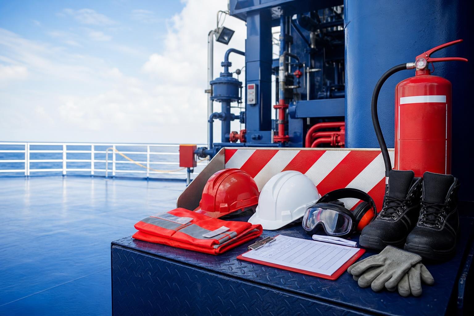 Organised safety equipment and inspection materials on an industrial worksite